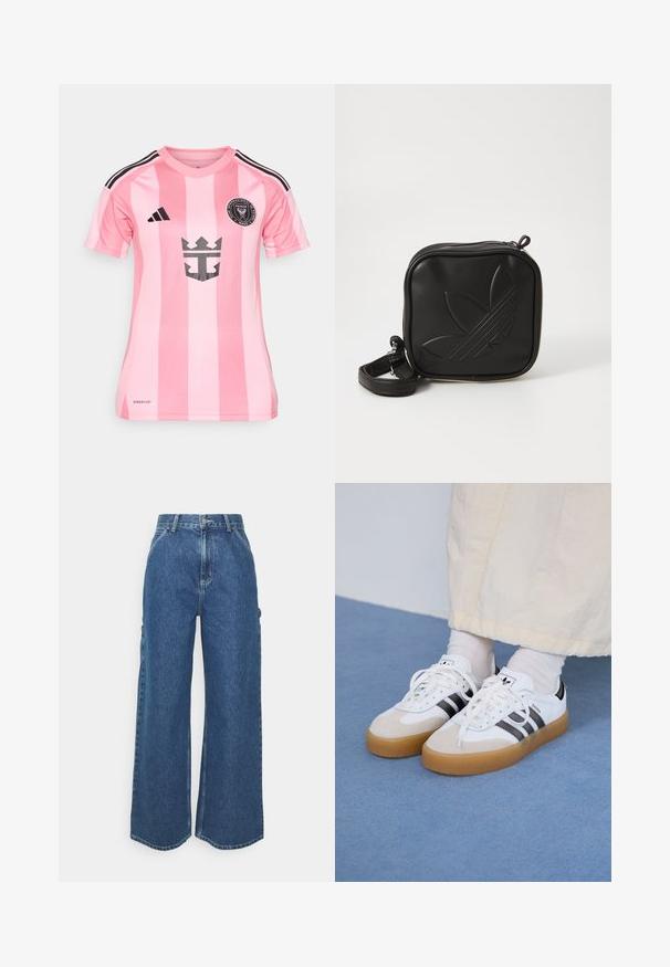 adidas Performance INTER MIAMI HOME MESSI - Fotbalový dres - easy pink; Široké modré džíny s vysokým pasem, kontrastním šitím a postranními kapsami, které mají klasický design s pěti kapsami a rozstřižené lemy.; Bílé tenisky s černými pruhy a béžovými semišovými akcenty. Mají texturovanou gumovou podrážku a ploché bílé tkaničky, nošeny s světlými ponožkami.; Černá crossbody taška vyrobená z texturovaného syntetického materiálu. Obsahuje embosované logo a nastavitelné popruhy. Zapínání na zip.
