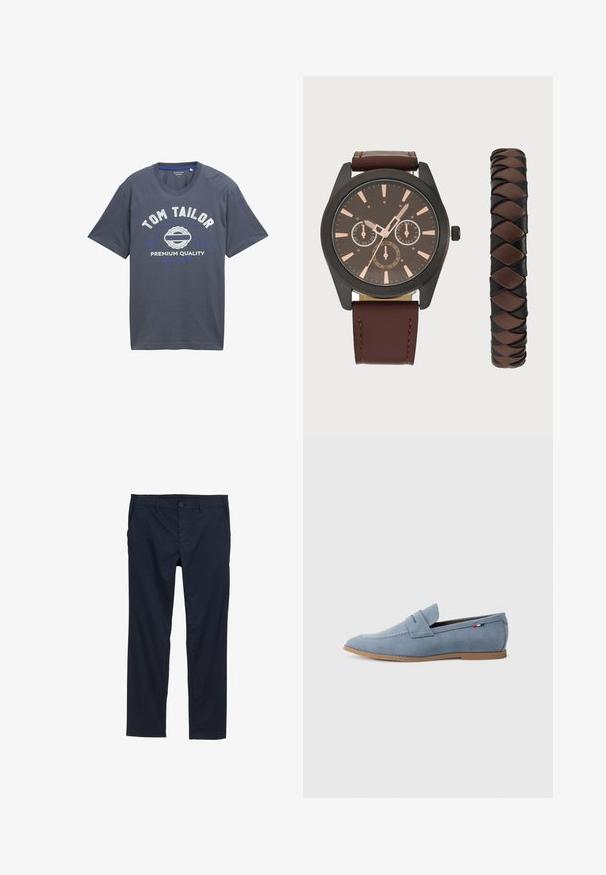 Marineblå bomulds T-shirt med korte ærmer, rund hals, med hvid og blå trykt tekst: "TOM TAILOR," "PREMIUM QUALITY," og logo grafik.; Navyblå letvægtsbukser med en glat overflade, lige ben design, knaplukning og sidelommer.; Lys blå ruskinds loafer med en glat tekstur, dekorativt syning og en brun gummisål. Har et penny slot design på overdelen.; Pier One SET - Ure - black/brown