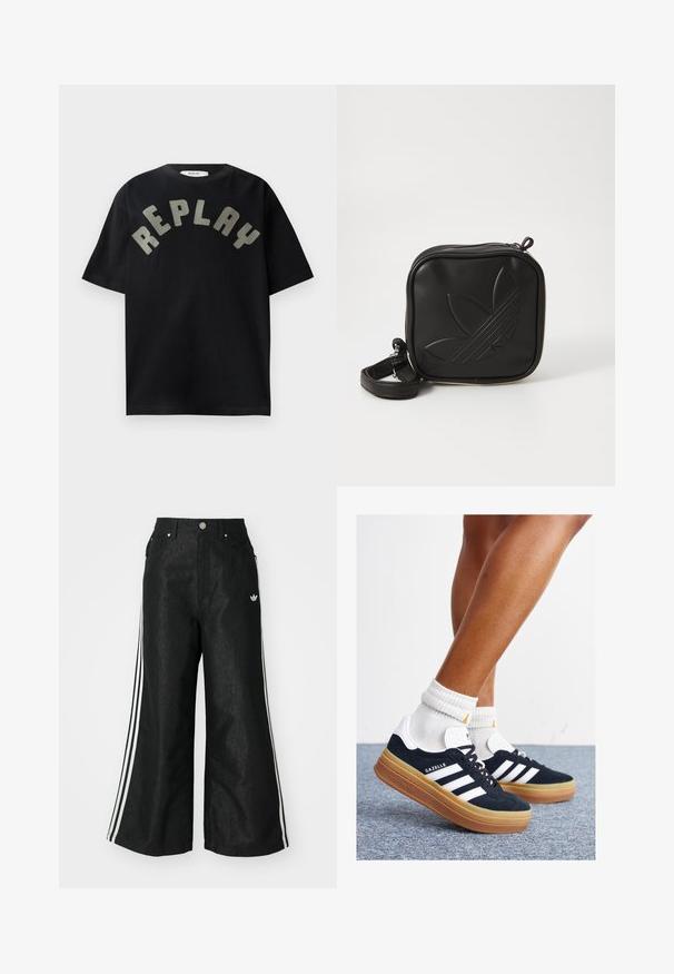 Czarny bawełniany t-shirt z zaokrąglonym, dużym, jasnoszarym napisem "REPLAY" z przodu, krótki rękaw i okrągły dekolt.; Czarne dżinsy o szerokich nogawkach z trzema białymi paskami po bokach i małym białym logo. Posiadają przednie kieszenie i zapięcie na guzik.; Czarne zamszowe trampki z białymi paskami i akcentami, zaokrąglonym noskiem, gumową podeszwą w kolorze jasno-brązowym, zestawione z białymi żebrowanymi skarpetkami do kostki.; Czarna torba na ramię wykonana z teksturowanego materiału syntetycznego. Posiada wytłoczone logo oraz regulowany pasek. Zamek błyskawiczny.