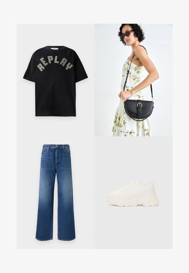 Melna kokvilnas T-kreklā ar izliekta, liela, gaiši pelēka "REPLAY" grafikā priekšpusē, īsām piedurknēm un apaļo kakla izgriezumu.; Plaši kāju džinsi vidēji zilā krāsā ar piecu kabatu dizainu, pogu aizdari un nelielu izbalēšanu uz augšstilbiem, lai piešķirtu tekstūru.; Baltas kavu tenisa apavi ar masīvu zoli, apaļu purngalu un piecām acīm auklām. Aizmugures cilpa vieglai uzvilkšanai. Gluda tekstūra, minimāls dizains.; Melnas ādas rokassoma ar izliekta formu, noņemamu siksnu un zelta aksesuāriem. Somai ir vāciņš ar sprādzes detaļu.
