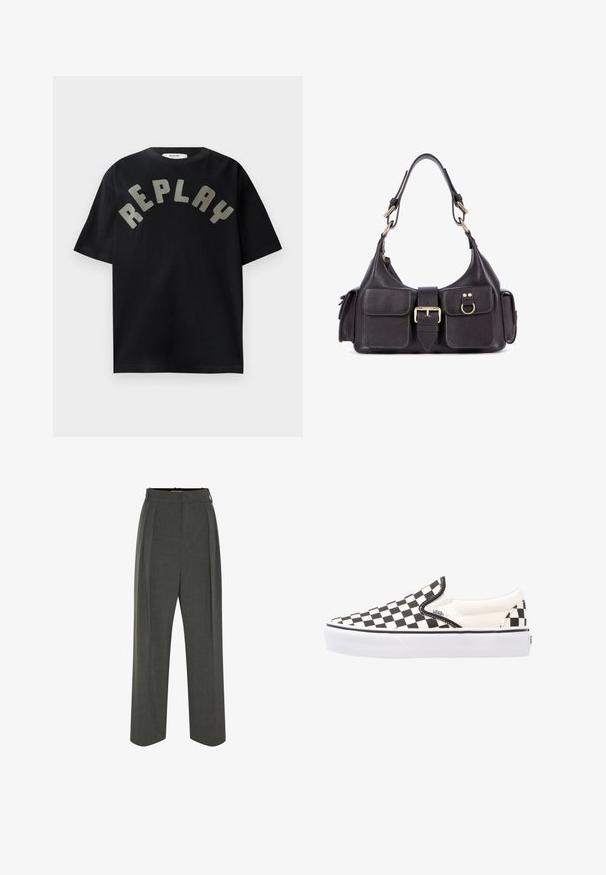 Zwarte katoenen t-shirt met een gebogen, grote, lichtgrijze "REPLAY" grafiek op de voorkant, korte mouwen en een ronde hals.; Grijze op maat gemaakte broeken met een hoge taille, met plooien, een wijd gesneden ontwerp en een gladde textuur. Sluit met een discrete rits.; Zwart-wit geblokte slip-on Vans schoenen met een canvas bovenwerk, rubberen buitenzool en gewatteerde kraag. Vlakke, ronde neus met witte zoolaccenten.; Donkere leren handtas met twee voorvakken, een centrale gesp en hardware in goudkleur. Gladde textuur met een gebogen silhouet.