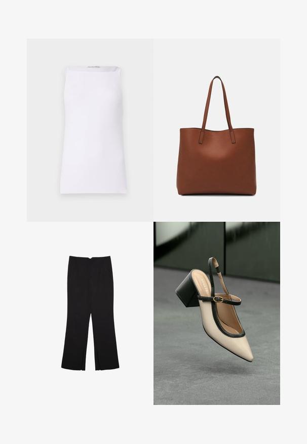Hvid ærmeløs top lavet af ribbet stof. Har en lige snit og bred scoop halsudskæring. Glat tekstur uden synlige mønstre eller accenter.; Sorte bukser med lige pasform, der har frontlommer og slidser i kanten. Lavet af blødt, glat stof. Velegnet til forskellige anledninger.; Beige spids tå slingback sko med sort kant, guld spænde og en chunky blokhæl på grå gulv med mørkegrøn baggrund.; Brun læder tote taske med en glat overflade, åben topdesign og to skulderremme. Har minimal syning og ingen synlig hardware.