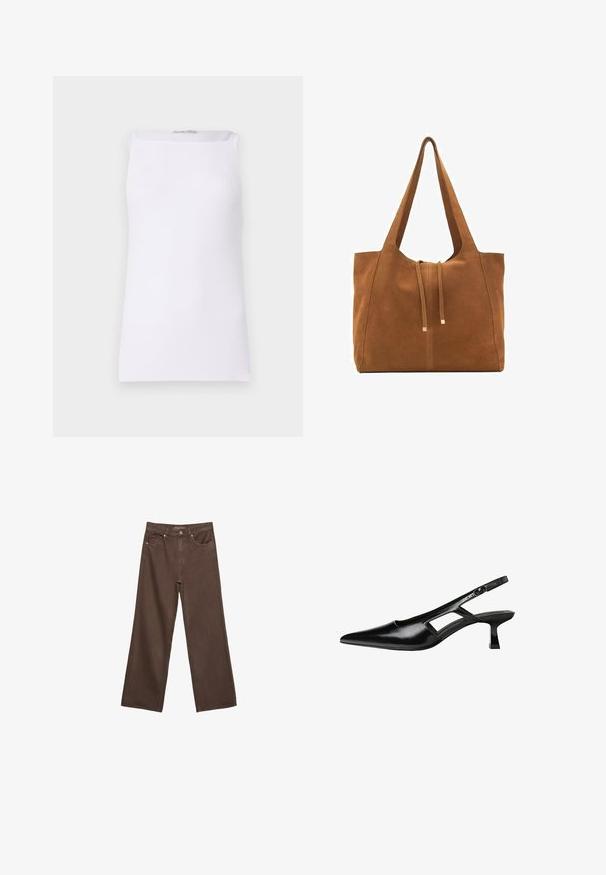 Bela brezrokavnica iz rebraste tkanine. Ima raven kroj in široko izrezano ovratnico. Gladka tekstura brez vidnih vzorcev ali okrasov.; Široke rjave kavbojke iz denima, ki imajo visok pas, sprednje žepe in klasično zapiranje na gumb. Gladka tekstura s subtilnim šivom.; Črne patentični usnjeni salonarji s slingback designom, z zašiljenim nosom, izrezanim stranskim dizajnom in majhnim kvadratnim peto. Gladka tekstura z minimalnimi detajli.; Rjava semiš torba z dvema dolgima ročajema, z vrvico za zapiranje in minimalističnim dizajnom. Gladka tekstura in brez vidnih kovinskih dodatkov.