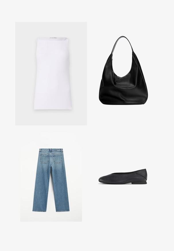 Witte mouwloze top van ribstof. Heeft een rechte snit en een brede ronde hals. Soepele textuur zonder zichtbare patronen of accenten.; Lichtblauwe spijkerbroek met wijde pijpen, voorzien van twee achterzakken en een rafelige zoom. Gemaakt van een gestructureerde katoenstof.; Zwarte leren platte schoen met ronde teen en lage hak, ontworpen voor casual of formele gelegenheden.; Zwarte leren hobo tas met een slouchy ontwerp, brede schouderband en een gladde textuur. Heeft een enkele ritssluiting aan de zijkant.