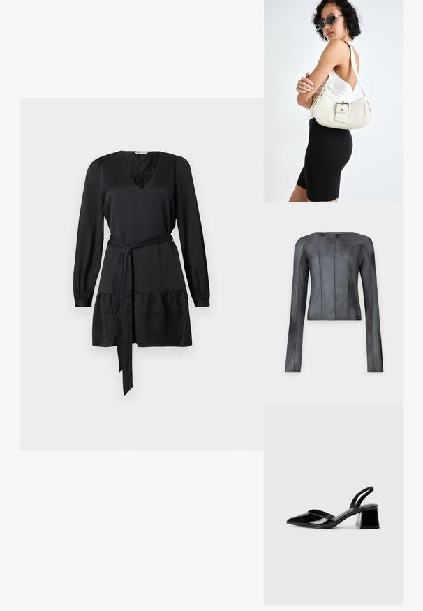 Dug mad rukavima izrađen od glatkog tamno sivog materijala. Ima uski kroj s vertikalnim šavovima, zaobljenim izrezom i minimalnim šavovima.; Crna haljina s V-izrezom, dugim rukavima i remenom za vezanje. Sadrži nabrani sloj na rubu za dodatnu teksturu. Glatka tkanina.; Crne lakirane kožne sandale s otvorenom petom i špicastim vrhom, s geometrijskom blok petom. Imaju elegantan, minimalistički dizajn i glatku teksturu.; Bijela kožna torbica s zakrivljenim oblikom, podesivim remenom i malim detaljem kopče. Model nosi usklađeni crni outfit.