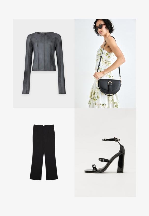 T-shirt à manches longues en tissu gris foncé lisse. Présente une silhouette ajustée avec des coutures verticales, un col rond et une couture minimale.; Pantalon noir avec une coupe droite, doté de poches avant et d'éclairs sur l'ourlet. Fabriqué en tissu doux et lisse. Convient à diverses occasions.; Sandales à talons vernies noires avec un bout carré, des sangles autour de la cheville et des boucles en argent. Dotées d'un talon bloc épais pour plus de stabilité.; Sac à main en cuir noir avec une forme courbée, bandoulière amovible et des accessoires en or. Le sac est doté d'un rabat avec un détail de boucle.