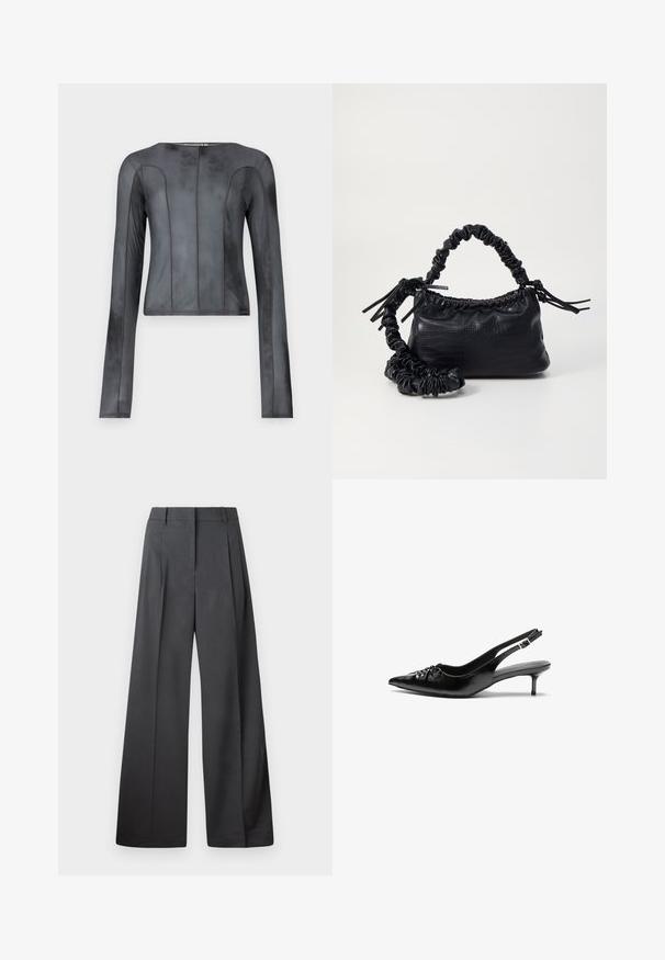 Long-sleeve top made of smooth, dark gray fabric. Features a fitted silhouette with vertical seams, a rounded neckline, and minimal stitching.; Wide-leg trousers in dark gray fabric, featuring a high waist, single pleats, and a smooth texture with a clean finish at the hems.; Black leather slingback heels with a pointed toe, small kitten heel, and a decorative knot detail on the front. Smooth texture throughout.; Black faux leather handbag with a crocodile texture, cinched top, and a scrunched strap. Appears soft and compact in design.