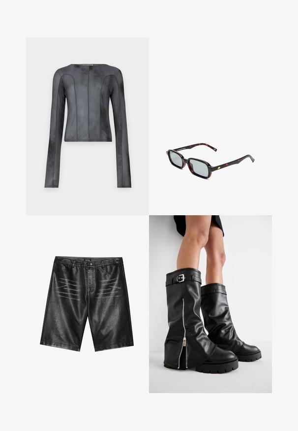 Pitkähihaiset paito, joka on valmistettu sileästä tummanharmaasta kankaasta. Ominaisuuksiin kuuluu muodikas siluetti, pystysuorat saumat, pyöreä kaula-aukko ja minimaalinen ompelu.; Mustat tekonahkahousut, joissa on sileä pinta, viisi taskua ja hillitty raidallinen yksityiskohta etuosassa. Klassinen suora leikkaus.; Musta nahkainen polvipitkä saappaat, joissa on leveä varsi, sivuzip, solkiyksityiskohta, teksturoidu pinta ja paksu kumipohja.; Aurinkolasit, joissa on suorakulmaiset mustat ja punaiset kuviolaatuiset kehykset, harmaasävyiset linssit ja kultainen yksityiskohta temppelissä. Muotoilu on sleek ja moderni.