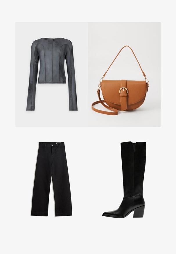 Top a maniche lunghe realizzato in un tessuto grigio scuro e liscio. Presenta una silhouette aderente con cuciture verticali, un collo rotondo e una cucitura minimale.; Pantaloni in denim neri a gamba larga con vita alta, dotati di tasche anteriori e posteriori, cuciture a punto, e chiusura con bottone. Texture liscia.; Stivali neri al ginocchio in pelle liscia, con punta appuntita, tacco a blocco e un'apertura a forma di V nella parte superiore.; Borsa a tracolla in pelle marrone con forma curvata, hardware dorato e un dettaglio con fibbia. Presenta una tracolla rimovibile.