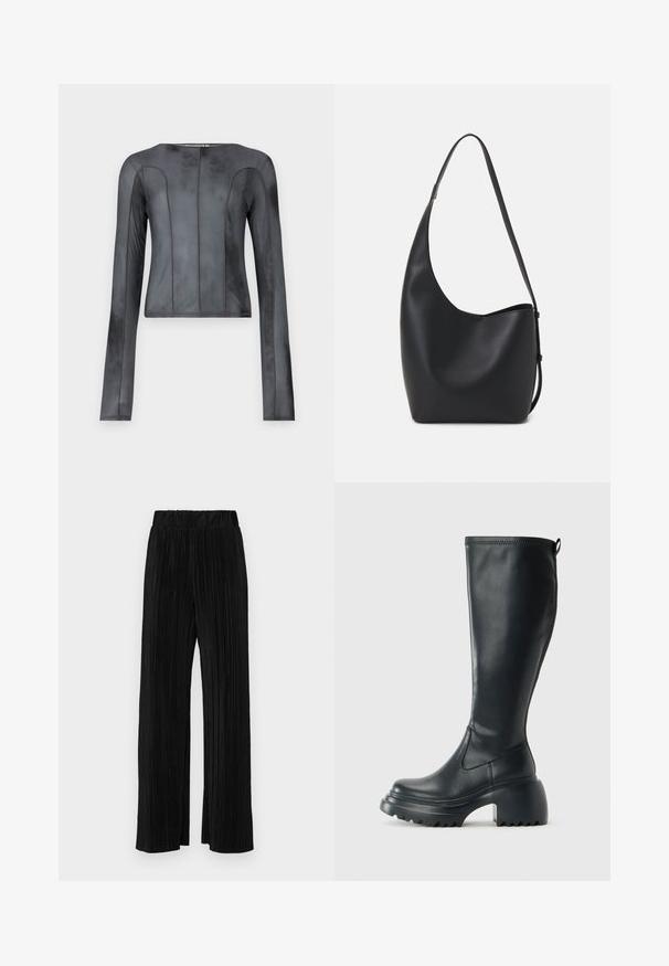 Dlhý rukáv top vyrobený z hladkej, tmavošedej látky. Má priliehavý strih s vertikálnymi švami, zaobleným výstrihom a minimálnym prešívaním.; Čierne plisované nohavice s elastickým pásom. Majú široké nohavice a hladkú, textúrovanú látku s vertikálnymi pruhmi.; Vysoká čierna kožená čižma s masívnou platformou a blokovým podpätkom, s praktickým pútkom a textúrovaným vzorom na podošve.; Čierna kožená hobo taška so hladkou textúrou, zakriveným tvarom a jedným nastaviteľným popruhom; má široké otvorenie na vrchu.
