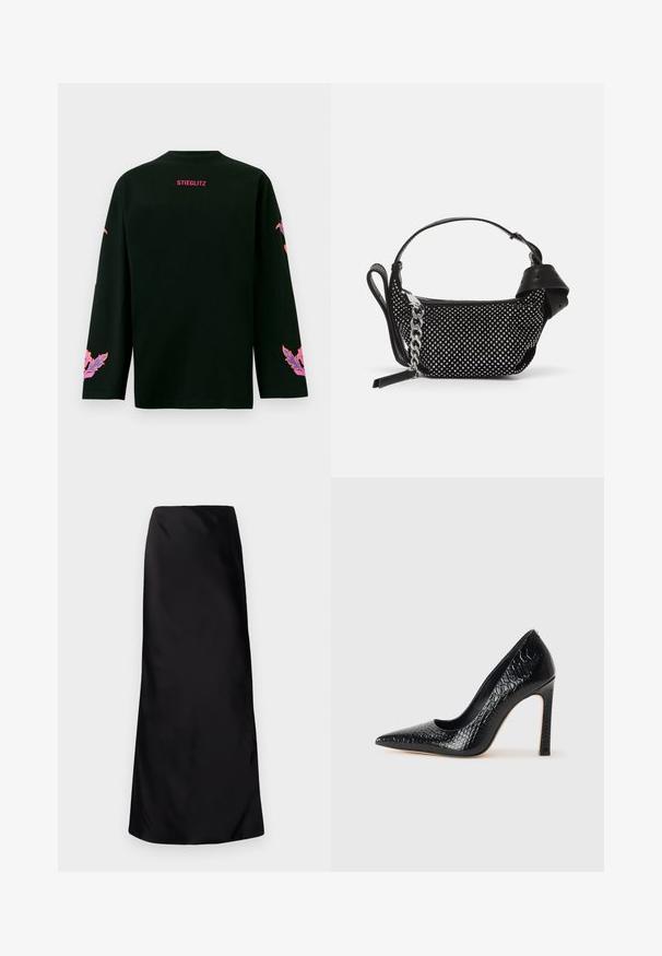 Black long-sleeve shirt with a round neckline. Features pink text "STIEGLITZ" on the back and colorful floral designs on the sleeves.; Norma Kamali BIAS OBIE SKIRT - Maxi skirt - black; Black pointed-toe high heel shoe with a crocodile-skin texture, featuring a sleek design, high stiletto heel, and smooth black interior.; Black handbag featuring studded embellishments, a chain strap, and a smooth leather handle, with a rounded shape and zipped compartment.
