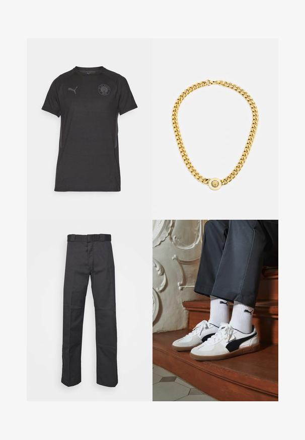 Camiseta atlética preta de manga curta com decote redondo, apresentando uma textura horizontal subtil e um logótipo circular do clube no peito.; Calças pretas feitas de um tecido resistente, com um design de perna reta, uma cintura com passantes para cinto e costuras para adicionar textura.; Ténis Puma em camurça branca e preta, com uma sola de borracha castanha. Combinados com meias brancas exibindo um logótipo preto, usados com calças escuras.; Colar de corrente de ouro com grandes elos interligados, apresentando um detalhe em forma de pêndulo circular no centro com um emblema saliente.