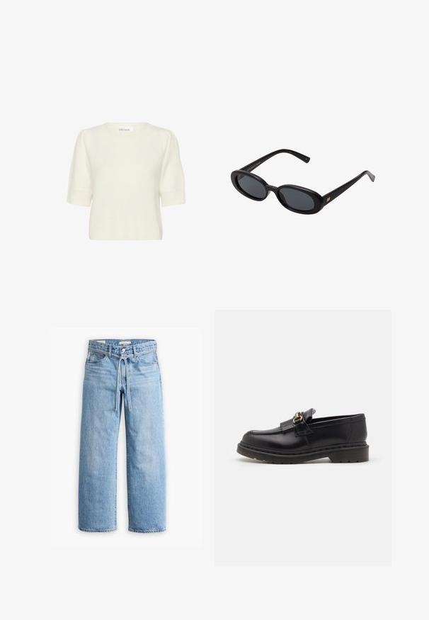 Maglione a maniche corte color crema in maglia, con spalle a sbuffo e orlo a coste, realizzato da Karen by Simonsen.; Jeans in denim azzurro chiaro a gamba larga con vita alta, chiusura con bottone e zip, e dettaglio con cordoncino in vita. Orlo grezzo.; Mocassini in pelle nera con punta tonda, frange decorative e dettagli in oro. Suola in gomma spessa per maggiore aderenza e durata.; Occhiali da sole neri oversize con lenti ovali, montatura in plastica liscia e accenti dorati sulle tempie. Le lenti scure offrono protezione dal sole.; Borsa a spalla in morbido camoscio grigio con una silhouette curva e morbida e una vasta tracolla. Presenta un logo sottile impresso sul davanti.