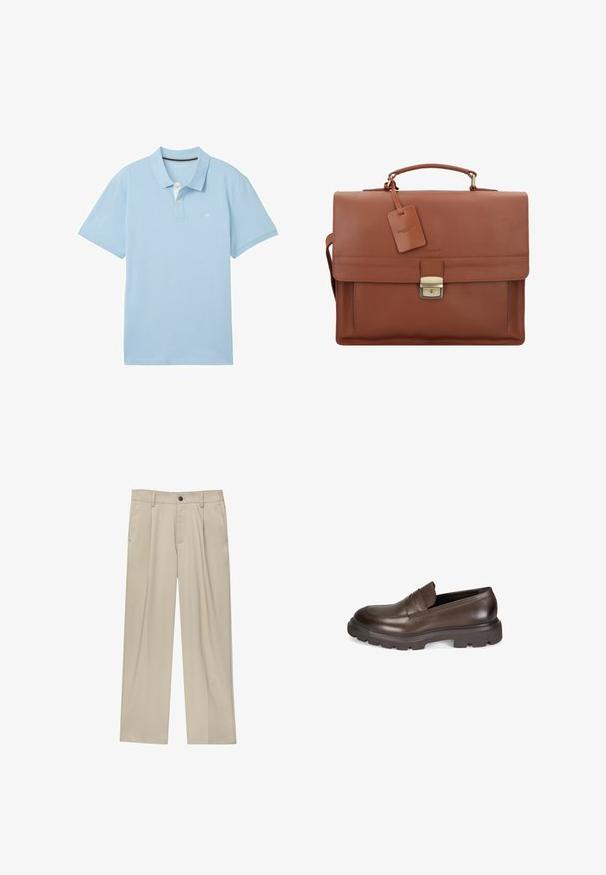 Polo-shirt bleu clair en tissu doux. Il présente un col classique, des manches courtes et un petit logo sur la poitrine gauche.; Pantalon beige à coupe droite, doté d'un seul bouton noir, de passants de ceinture et de poches latérales. Texture de tissu lisse et design minimaliste.; Desa Chaussons - brown; Sacoche en cuir marron avec rabat, poignee supérieure, bandoulière amovible, ferrures dorées et étiquette de bagages portant le nom de la marque.; Montre en métal argenté avec un cadran bleu brossé, des index heures blancs et un affichage de la date. Comprend un bracelet métallique à maillons et le logo de la marque.