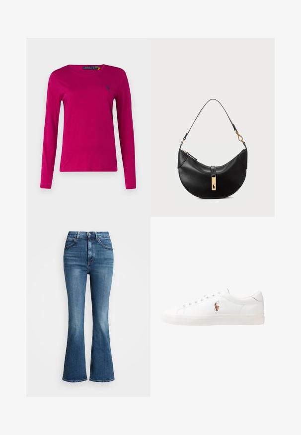 Polo Ralph Lauren LONG SLEEVE - Hosszú ujjú felső - fuschia berry; Felső csípőig érő, bővülő farmernadrág közepes kék denim anyagból, klasszikus ötpocket kialakítással és kontrasztöltésekkel. Az élek nyers vágásúak.; Fehér bőr sportcipők, alacsony fazonban, sima textúrával, kerek orral, fűzős előlappal és egy kis hímezett logóval az oldalon.; Fekete bőr kézitáska félhold alakú formában. Aranyszínű fémrészekkel és keskeny pánttal rendelkezik. Simább felület, cipzáras záródás a tetején.