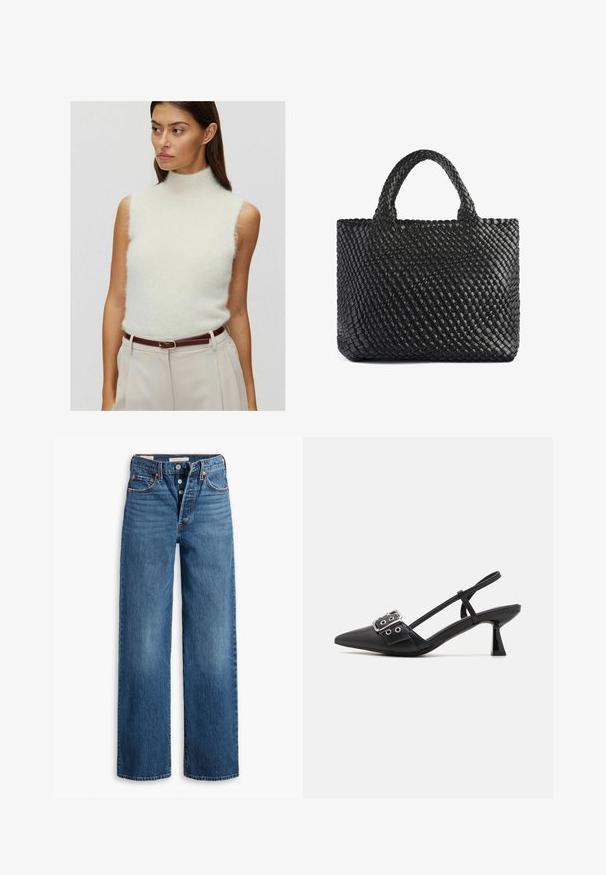 Lys cremefarvet ærmeløs turtleneck sweater i blød, fuzzy tekstur. Parret med højtaljede beige bukser og et brunt læderbælte.; Blå denim jeans med en vid benstruktur, fem lommer, knaplukning og kontraststing. Strukturstof med en falmet overflade.; Simmi London DALA - Pumps - black; Sort vævet tote taske med to håndtag, der har en tekstureret overflade og en rektangulær form. Enkel, unik design uden synligt hardware.