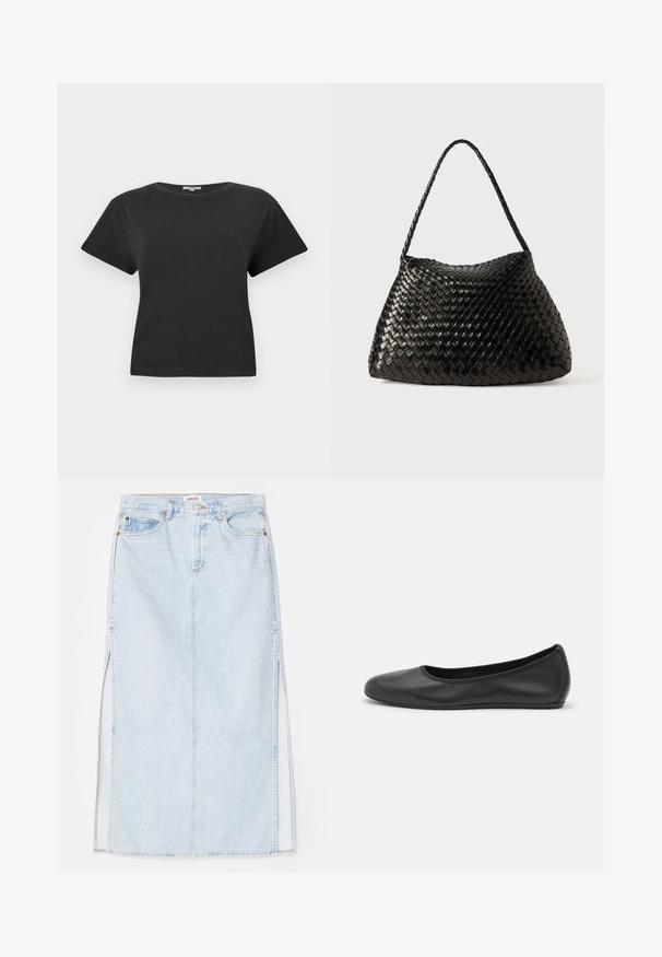 Black cotton t-shirt with short sleeves, round neckline, and a relaxed fit. No visible patterns or hardware details. Smooth texture.; Light blue denim maxi skirt with a straight cut, featuring side slits and five-pocket design. Prominent stitching and metal button closure.; Black leather ballet flat with a rounded toe, smooth texture, minimal stitching detail, and a flexible sole design.; Black woven leather handbag with a curved, soft shape and a single braided strap, featuring a smooth texture and an intricate pattern.