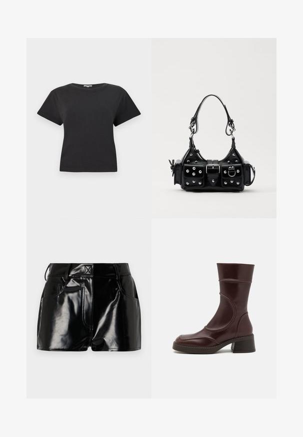 Camiseta de algodón negra con mangas cortas, escote redondo y un corte relajado. Sin patrones visibles ni detalles de hardware. Textura suave.; Shorts negros y brillantes de material sintético. Presentan una cintura ajustada, trabillas para el cinturón y bolsillos frontales con detalles de costura prominentes.; MIISTA MALENE - Botines - brown; Bolso de mano de cuero negro con un diseño curvado, que cuenta con tachuelas plateadas, una hebilla y dos bolsillos laterales. Correa ajustable para opciones de transporte.