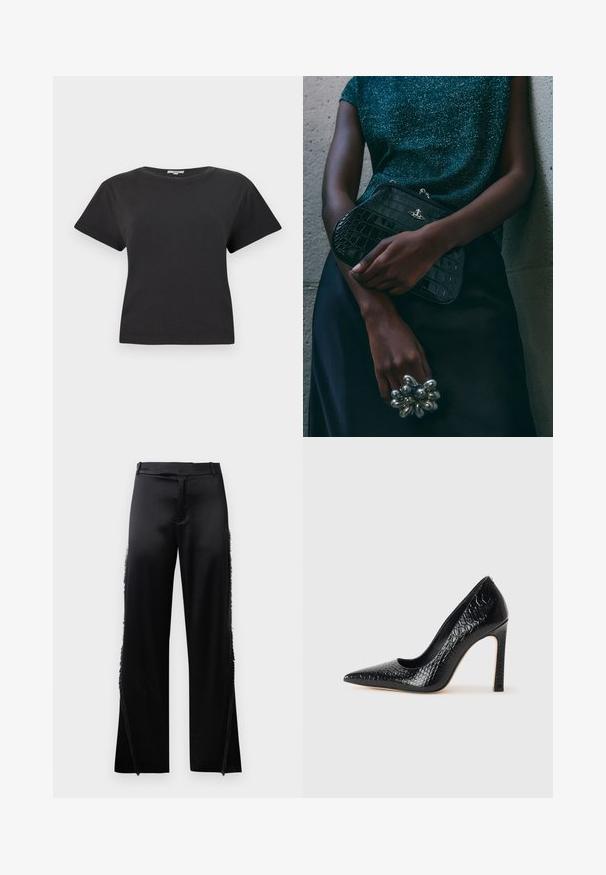 Black cotton t-shirt with short sleeves, round neckline, and a relaxed fit. No visible patterns or hardware details. Smooth texture.; Black satin pants with wide legs, featuring fringe details along the side seams and a flat front waistband. Plain back without pockets.; Black pointed-toe high heel shoe with a crocodile-skin texture, featuring a sleek design, high stiletto heel, and smooth black interior.; Black crocodile-patterned clutch bag with silver hardware, held against a textured gray background. Features a shiny surface.