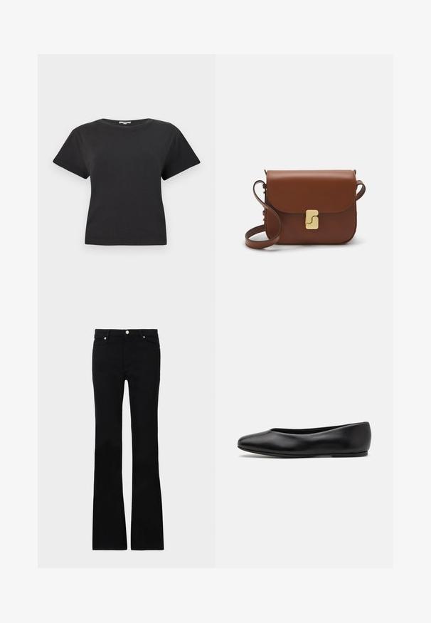 T-shirt in cotone nero con maniche corte, scollatura rotonda e vestibilità comoda. Nessun motivo visibile o dettagli in metallo. Texture liscia.; Jeans neri svasati in denim, dotati di due tasche anteriori, chiusura con bottone e una texture liscia. Cuciture iconiche visibili nei punti di giuntura.; Paul Smith TOPANGA - Ballerine - black; Borsa a tracolla in pelle marrone con chiusura a pattina, hardware color oro, tracolla e una finitura liscia. Forma rettangolare compatta.