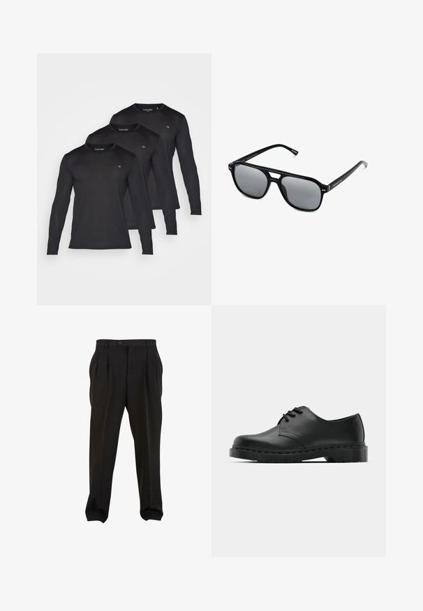 Tři černé trička s dlouhým rukávem vyrobená z lehké látky, s kulatým výstřihem a malým logem CK na hrudi.; Černé kalhoty z hladké tkaniny, se zapínáním na tlačítko v pase, předními sklady a zúženými manžetami u kotníků. Klasický elegantní střih.; Černé kožené oxfordy s šněrováním, zakulacenou špičkou, plochou gumovou podrážkou a jemným prošíváním podél svršku.; Černé sluneční brýle s obdélníkovými rámy, šedými tónovanými skly a designem s výřezem ve střední části. Hladký, lesklý plastový materiál, s úzkými stranami.