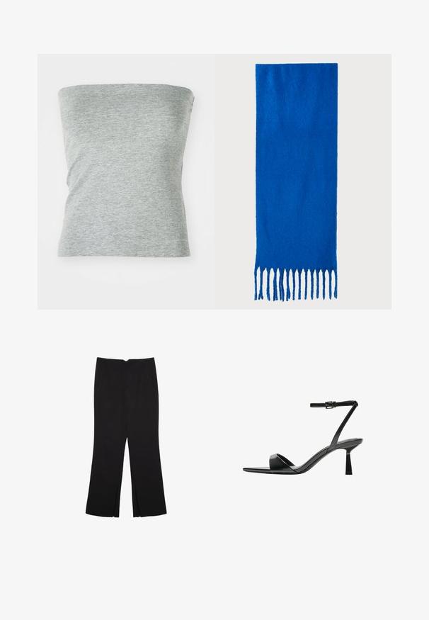 Gray strapless top made of soft, stretchy fabric. Features a simple design with a smooth texture and no visible seams.; Black trousers with a straight fit, featuring front pockets and side slits at the hem. Made of soft, smooth fabric. Suitable for various occasions.; Bershka High heeled sandals - black; Blue fringed scarf made of soft fabric; features a solid color with a textured surface and evenly cut fringe at the bottom.