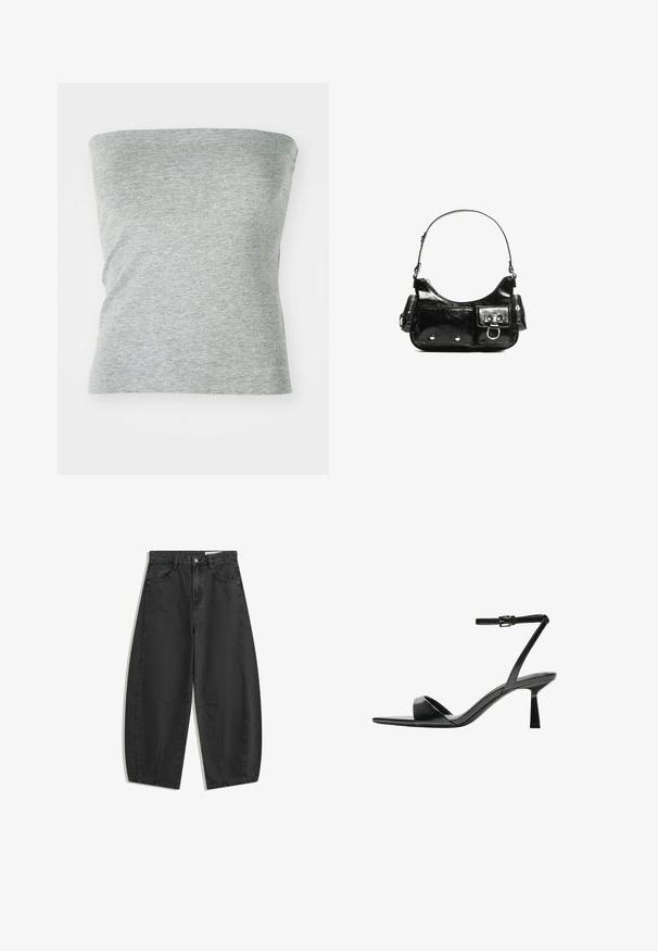 Top gri fără bretele, fabricat dintr-un material moale și elastic. Are un design simplu, cu o textură netedă și fără cusături vizibile.; Jeanși negri, cu picioare largi, talie înaltă, buzunare frontale, bucle pentru curea și închidere cu nasture, expuși plan pe un fundal alb.; Bershka Sandale cu toc - black; Geantă de mână din piele lăcuită neagră, cu o formă curbată, un umăr, buzunare frontale și accente din metal argintiu.