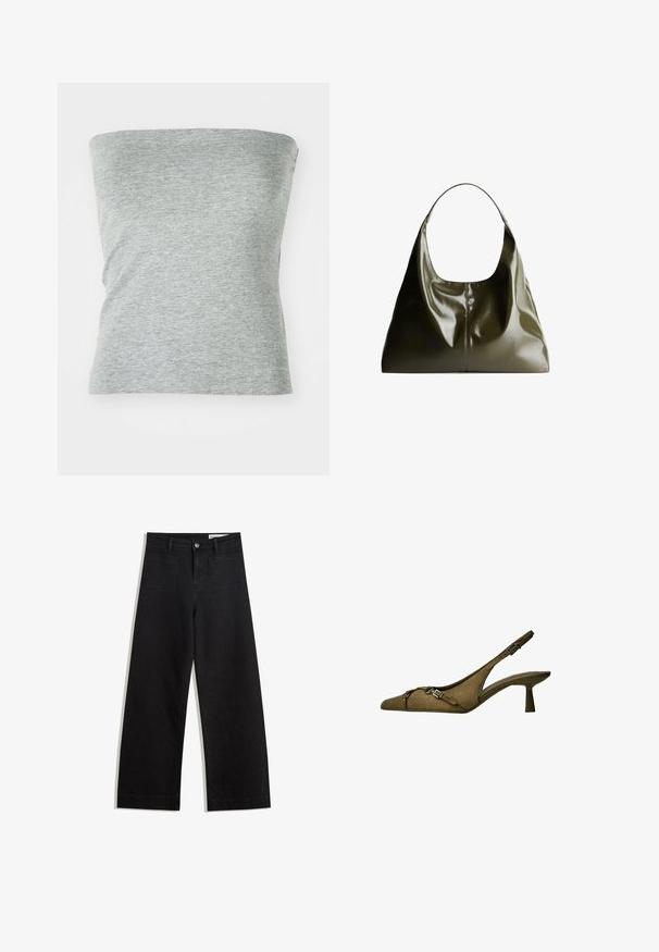 Siva brezramni top iz mehke, raztegljive tkanine. Ima preprost dizajn z gladko teksturo in brez vidnih šivov.; Črne široke denim hlače z visokim pasom, ki imajo sprednje in zadnje žepe, šivane šive ter gumbasto zapiranje. Gladka tekstura.; Olivno zeleni zamšasti slingback petni čevelj z ostrim nosom, nastavljivim trakom in podrobnostjo v srebrni barvi; nizka, razširjena peta za stabilnost.; Olivno zelena usnjena torba za rame z gladkim, sijočim zaključkom. Ima zaobljen vrh in mehak, obačen oblik. Minimalističen dizajn.