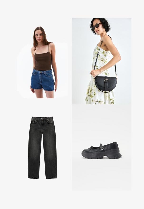 Hnědý žebrovaný top na tenké ramínka, který je kombinován s modrými denimovými šortkami s vysokým pasem a předními kapsami, uzavíratelnými zlatým knoflíkem.; Černé džíny z denimu se uvolněným střihem, rovnými nohavicemi, pětikaškovým designem a lehce vybledlým vzhledem. Zapínání na knoflík a zip v přední části.; Černá kožená botička Mary Jane se zaoblenou špičkou, detailem mašle a nastavitelným páskem kolem kotníku. Disponuje chunky gumovou podrážkou s zakřivenými akcenty.; Černá kožená kabelka s křivkovým tvarem, odnímatelným popruhem a zlatými detaily. Kabelka má klopu s přezkou.