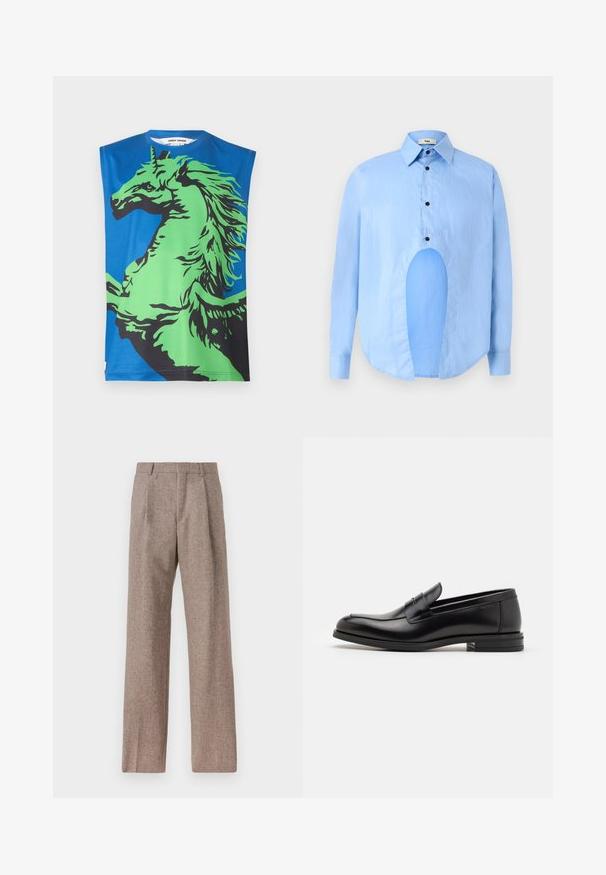 Koszulka bez rękawów z niebieskim tłem i dużą, zielono-czarną grafiką jednorożca. Wykonana z gładkiego materiału, z okrągłym dekoltem.; Jasnoniebieska koszula z długim rękawem, z wyostrzonym kołnierzykiem, czarnymi guzikami i unikalnym wycięciem z przodu dla wyróżniającego się designu.; Brązowe, wysokiej talii spodnie wykonane z teksturowanej tkaniny. Posiadają szerokie nogawki i dwa przednie zakładki dla lepszej struktury. Starannie wykończone, bez widocznych elementów metalowych.; Czarne skórzane mokasyny o gładkiej fakturze, zaokrąglonym nosku i dekoracyjnym pasku na przodzie. Niski, warstwowy obcas, minimalistyczny design.