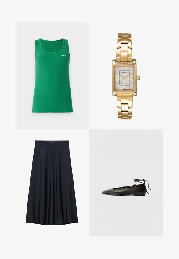 Canotta verde a costine con scollatura rotonda e spalline sottili, con un piccolo logo bianco sul davanti. Texture liscia.; Gonna nera al ginocchio realizzata in tessuto leggero con un design fluido. Presenta una texture morbida e pieghe sottili per un tocco di dettaglio in più.; Ballerine in pelle nera con punta affusolata, laccio alla caviglia e suola piatta, caratterizzate da una texture liscia e un design minimalista.; Orologio da polso rettangolare dorato con quadrante bianco, indicatori delle ore in tono argento e un robusto bracciale in metallo. Include la funzione di resistenza all'acqua.