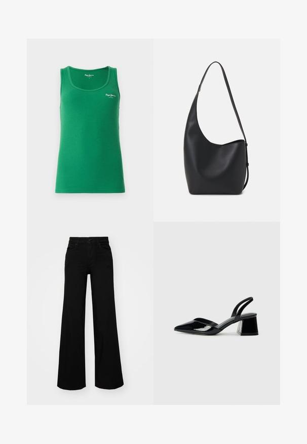 Top verde cu dungi, cu decolteu rotund și bretele subțiri, având un mic logo alb pe față. Textură netedă.; Pantaloni negri cu picioare largi, din denim, cu un brau structurat, bucle pentru curea și buzunare frontale. Textură netedă, cu un design clasic.; Pantofi cu toc slingback din piele lacuită neagră, cu vârf ascuțit și toc geometric. Prezintă un design elegant, minimalist și o textură netedă.; Geantă hobo din piele neagră, cu o textură netedă, formă curbată și un singur bretele ajustabil; are o deschidere largă în partea de sus.