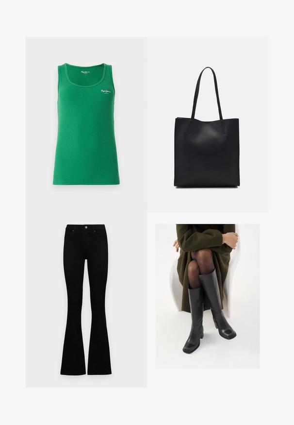 Canotta verde a costine con scollatura rotonda e spalline sottili, con un piccolo logo bianco sul davanti. Texture liscia.; Jeans neri a vita alta con chiusura a bottoni e zip, tasche frontali e gambali svasati, distesi su uno sfondo bianco.; Stivali neri in pelle alti fino al ginocchio con punta squadrata e tacco a blocco, mostrati con un modello seduto in un cappotto verde oliva. Texture liscia, dettagli minimi.; Borsa tote in pelle nera con texture liscia, forma rettangolare e due manici lunghi. Nessun hardware o decorazione visibile.