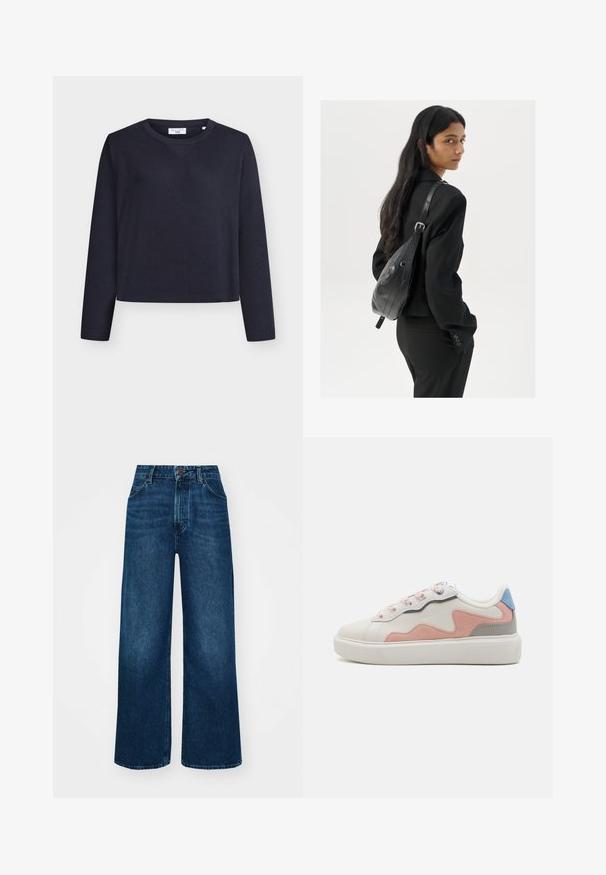 Navy blue cropped sweater in ribbed fabric with a round neckline and long sleeves, featuring a subtle V-stitch detail at the front.; High-waisted, wide-leg jeans in dark blue denim with a smooth texture, contrast stitching, and five-pocket design. Front button closure.; Low-top sneakers with a white synthetic upper, pink and gray suede accents, textured white rubber sole, and colorful laces.; Woman with long dark hair wearing a black suit, carrying a black leather shoulder bag, looking over her shoulder against a white background.