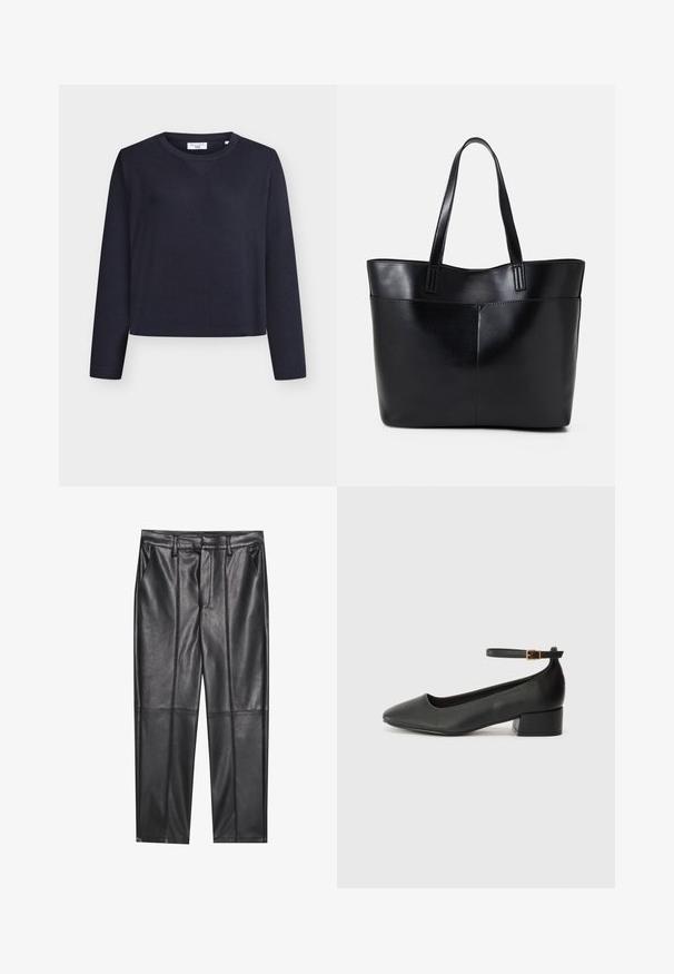 Camisola curta azul-marinho em tecido canelado com decote redondo e mangas compridas, apresentando um detalhe subtil de ponto em V na parte da frente.; Calças de pele preta com uma textura suave, apresentando um ajuste reto, dois bolsos frontais e detalhes de costura visíveis.; Sandal de pele preta com bico pontiagudo e um salto bloco baixo. Apresenta uma tira no tornozelo com uma fivela em tom dourado. Textura suave.; Bolsa tote preta em couro com duas alças longas, textura suave e forma estruturada. Apresenta um bolso frontal para armazenamento adicional.