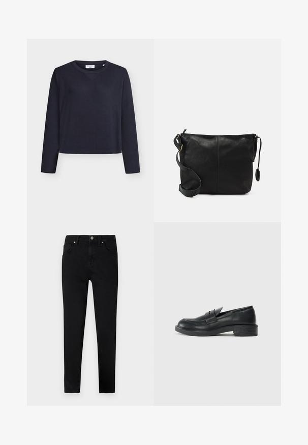 Neba plavi skraćeni džemper od rebraste tkanine s okruglim izrezom i dugim rukavima, s diskretnim V-šavom sprijeda.; Crne traperice uskog kroja s prednjim zatvaranjem na gumb, petljama za pojas i klasičnim dijelom od pet džepova. Glatka tekstura.; Crne kožne loaferice s zaobljenim vrhom, šivanim detaljima i malim potplatom. Glatka tekstura i fleksibilna gumena potpora.; Crna kožna torbica preko tijela s ravnim oblikom, zlatnim detaljima i podešivim remenom. Glatka tekstura s minimalnim detaljima šivanja.