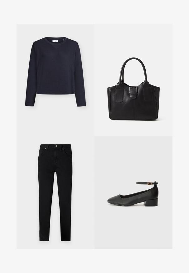 Navy blue cropped sweater in ribbed fabric with a round neckline and long sleeves, featuring a subtle V-stitch detail at the front.; Black denim jeans with a slim fit, featuring a front button closure, belt loops, and classic five-pocket design. Smooth texture.; Black leather pump with a pointed toe and a low block heel. Features an ankle strap with a gold-tone buckle. Smooth texture.; Black leather tote bag with smooth texture, structured shape, two handles, and a prominent silver buckle detail on the front.