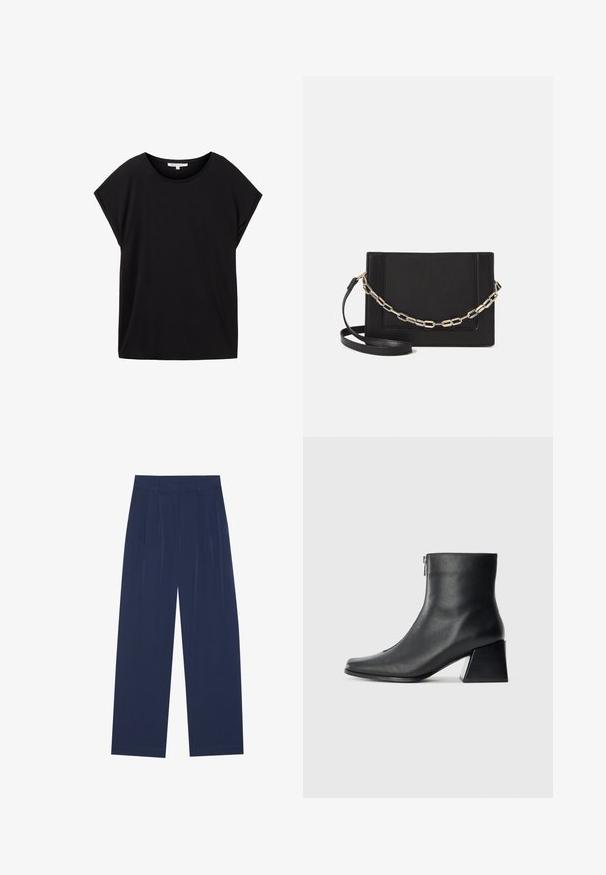 TOM TAILOR DENIM FLUENT TEE - Basic T-shirt - deep black; Navy blue wide-leg pants made of soft fabric, featuring front pleats, a smooth texture, and a straight fit with no visible pockets.; Black leather ankle boot with square toe, side zipper, and block heel against plain light background.; Black leather crossbody bag featuring a smooth texture, rectangular shape, and a metallic chain detail on the front. Adjustable strap included.
