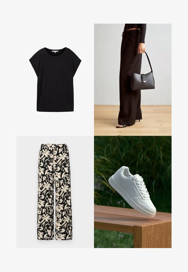TOM TAILOR DENIM - T-shirt basic; Czarne spodnie wide-leg z kremowym kwiatowym wzorem. Wykonane z lekkiego materiału, o gładkiej teksturze i wysokim staniku.; Biały sneaker z gładką syntetyczną cholewą, perforowanym noskiem, płaskimi sznurowadłami i teksturowaną podeszwą, wyeksponowany na drewnianej powierzchni.; Czarna torebka o usztywnionym kształcie, gładkiej fakturze i metalowym zapięciem. Połączona z szerokimi czarnymi spodniami i sandałami na otwartym palcu na drewnianej podłodze.