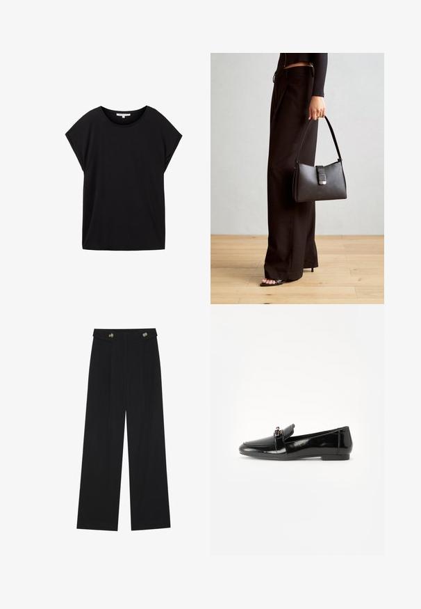 TOM TAILOR DENIM FLUENT TEE - T-Shirt basic - deep black; Schwarze weite Hosen mit hoher Taille, Knopfdetails am Bund und vorderen Falten.; Schwarze Lackleder-Lederschuhe mit flacher Sohle, runder Spitze und einem dekorativen Riemen mit einem goldfarbenen Akzent. Glattes, glänzendes Finish.; Schwarze Handtasche mit strukturierter Form, glatter Textur und einem metallischen Verschluss. Kombiniert mit weiten schwarzen Hosen und offenen Sandalen auf einem Holzboden.