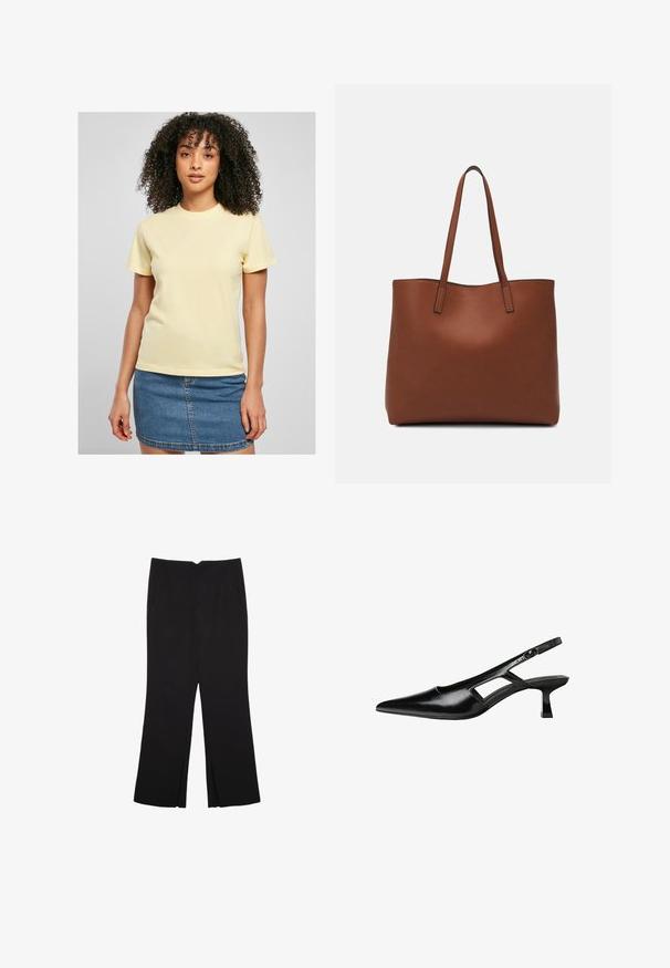 Žuta pamučna majica s kratkim rukavima, s bijelim izvezenim logom na prsima. Nosena s traper suknjom.; Crne hlače ravnog kroja, s prednjim džepovima i bočnim prorezima na rubu. Izrađene od mekog i glatkog materijala. Pogodne za razne prigode.; Crne lakirane natikače na remenčić sa špicastim nosom, dizajnom sa izrezima sa strane i malim kvadratnim potplatom. Glatka tekstura s minimalnim akcentima.; Smeđa kožna torba preko ramena s glatkom teksturom, otvorenim vrhom i dvjema naramenicama. Ima minimalne šavove i nema vidljivog hardvera.