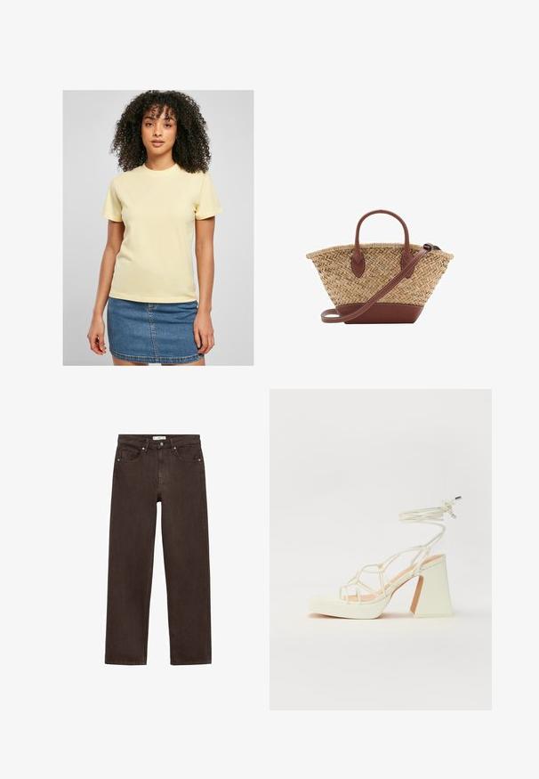 Žuta pamučna majica s kratkim rukavima, s bijelim izvezenim logom na prsima. Nosena s traper suknjom.; Smeđe široke traperice izrađene od denima, s klasičnim dizajnom pet džepova, kopčanjem na dugme i suptilnim detaljima šivanja.; Bijela sandala na visokoj potpetici s debelim petom, s remenom i vezanjem oko gležnja. Glatka tekstura s platformom sprijeda za dodatnu visinu.; Woven straw basket torba s smešnim kožnim detaljima, dva ručka i odvojivim remenom. Savijen oblik s čvrstim dnom.
