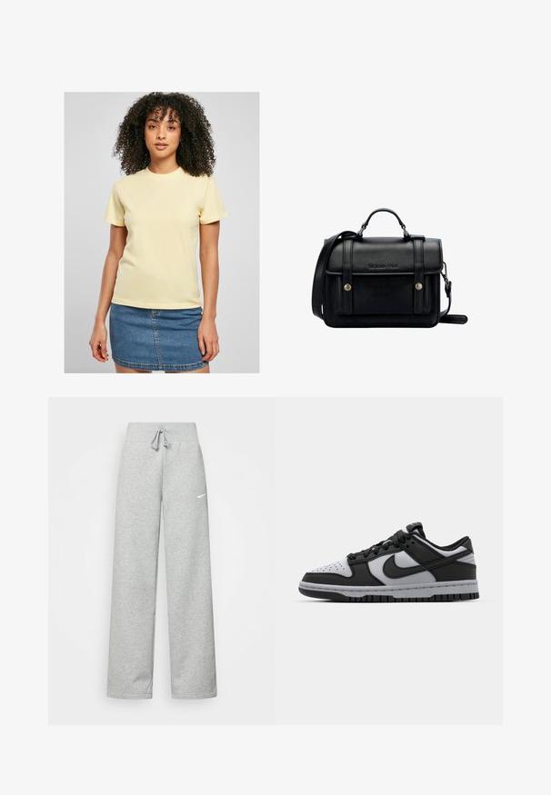 Žuta pamučna majica s kratkim rukavima, s bijelim izvezenim logom na prsima. Nosena s traper suknjom.; Sive trenirke s elastičnim pojasom, detaljem za vezanje, i malim bijelim Nike logom na lijevom bedru. Mekana tkanina, širokog kroja.; Crne i sive Nike Dunk niske tenisice s perforiranim prstom, glatkim kožnim detaljima i gumenim potplatom s teksturiranim uzorkom.; Crna kožna torba preko tijela sa strukturiranim dizajnom, gornjom ručkom, podesivim remenom, prednjim poklopcem i metalnim detaljima. Sadrži brendiranje sprijeda.