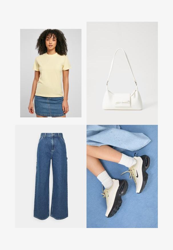 Kollane puuvillane T-särk lühikeste varrukatega, millel on rindadele tikitud valge logo. Kandmiseks denimbuti.; Laiene jalad sinised denim püksid kõrge vöökohaga, kontrastsete õmblustega ja küljetaskutega, klassikalise viie taskuga disainiga ja toore servaga.; Nike Air Max tennisjalatsid on beez- ja musta disainiga, millel on sile ülaharz, nähtav õhkpadjand ja lame kummist tallad.; Valge sünteetilisest materjalist kott kolmnurkse kujuga, lame esiklapiga ja kaaredetailiga, reguleeritava rihmaga, sileda tekstuuriga ja minimalistliku disainiga.