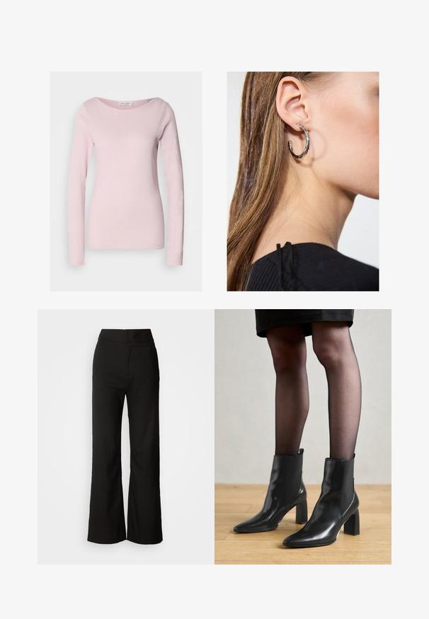 Blusa de algodão de manga longa, cor rosa claro, com decote redondo, textura suave e design minimalista, adequada para vestuário casual.; Calças largas pretas com uma textura suave, cintura alta e um design clean. Sem bolsos visíveis ou adornos.; Botas de tornozelo em couro preto com bico fino, salto quadrado robusto e design elegante. Apresenta painéis laterais elásticos para facilitar o calçar.; Brinco de argola prateada com acabamento polido, apresentando pequenos detalhes em dourado e uma forma redonda, usado na orelha.