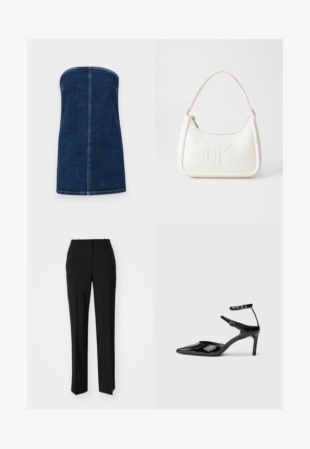 Tumed sinised teksakleidid, ilma varrukateta. Sirge lõige, keskel on nähtav õmblus ja ääred on kaitstud.; Mustad ja sirged püksid, millel on sile tekstuur ja teravad voldid esiosas. Ilma nähtavate detailideta.; Mustad nahast mustad kontsad terava ninaga, reguleeritavate pahkluu rihmade ja õhukese kontsaga. Sile tekstuur läikiva viimistlusega.; Valge nahast käekott, millel on kumer kuju, esiküljel on reljeefne "CK" logo ja üks õlavarre rihm. Ülemine tõmblukkuu.