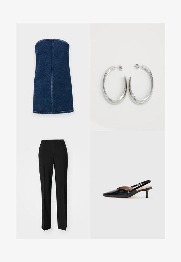 Jeans brez naramnic v temno modri barvi. Ravnina kroja brez rokavov, z vidnim šivom po sredini in obrobnimi robovi.; Črne krojene hlače s direktnim krojem, ki se ponašajo z gladko teksturo in ostrimi pregibi spredaj. Ni vidne kovine.; Črne patentne usnjene slingback salonarje s koničastim nosom, majhnim členkom in izrezljanim dizajnom na vrhu. Akcenti iz zlatega tona na strani.; Srebrni uhani v obliki obroča z gladkim, ukrivljenim oblikovanjem. Imajo sijajno kovinsko površino in zapiranje na žebljiček. Brez vidnih vzorcev ali dodatkov.