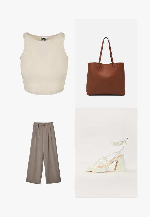 Béžový rebrovaný crop top s okrúhlym výstrihom a bezrukávovým dizajnom. Má jednoduchú textúru a diskrétnu značku na vnútornej strane výstrihu.; Široké nohavice v jemnej, tlmenej šedej tkanine, s opaskom v pase a vreckami pre dodatočný dizajnový detail. Hladký povrch, bez vzorov.; Biele sandále na vysokom opätku s hrubým podpätkom, s pruhovaným dizajnom a viazaním na členku. Hladký povrch s platformou vpredu pre zvýšenú výšku.; Hnedá kožená taška na rameno s hladkou textúrou, otvoreným vrchom a dvoma ramenými popruhmi. Má minimálne šitia a žiadne viditeľné kovania.