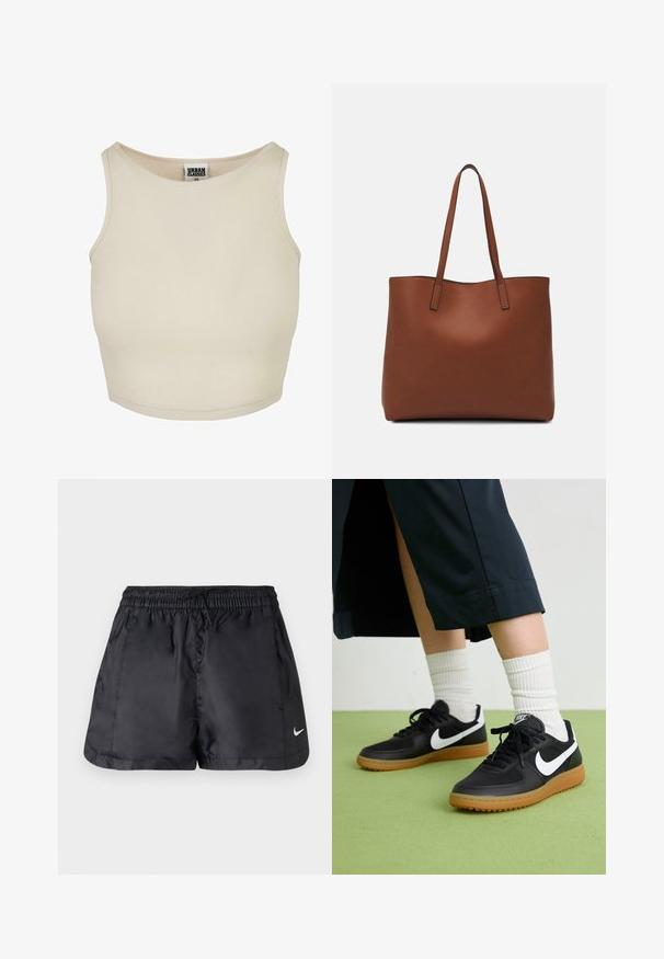 Bež prugasti kratki top s okruglim izrezom i bez rukava. Ima jednostavnu teksturu i diskretni brend oznaku unutar izreza.; Crne atletske kratke hlače izrađene od lagane, glatke tkanine. Imaju elastičnu traku za struk, vezicu i mali bijeli logotip na donjem desnom dijelu.; Crne kožne i sintetičke tenisice s bijelim Nike swooshom, gumeni potplat, okrugli vrh i crne vezice. Vidljive rebraste bijele čarape.; Smeđa kožna torba preko ramena s glatkom teksturom, otvorenim vrhom i dvjema naramenicama. Ima minimalne šavove i nema vidljivog hardvera.