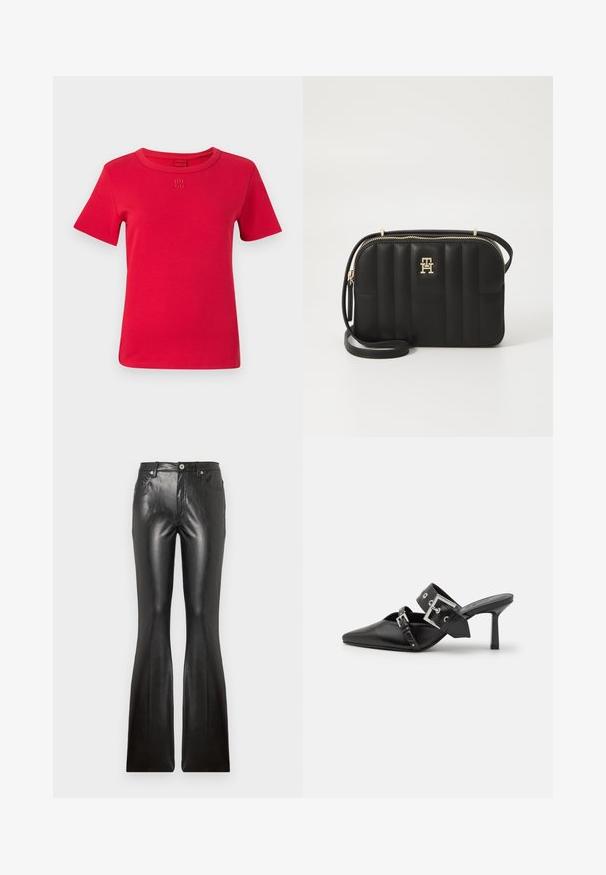 Rdeča bombažna majica s kratkimi rokavi, okroglo ovratnico in vezenim logotipom "HUGO" na prsih. Gladka tekstura in preprost dizajn.; Črne usnjene hlače s flared krojem, ki se odlikujejo po gladki teksturi, petih žepih, sprednjem zapiranju na gumb in prilegajočem se kroju čez stegna.; Črne visoke mule s koničastim prstom, izdelane iz gladkega usnja. Imajo širok gleženjski trak s kvadratno srebrno zaponko in okraski.; Črna prešita torba čez ramo iz sintetičnega materiala z zlatim kovinskim okrasjem, ki ima zadrgo in logotip na sprednji strani.